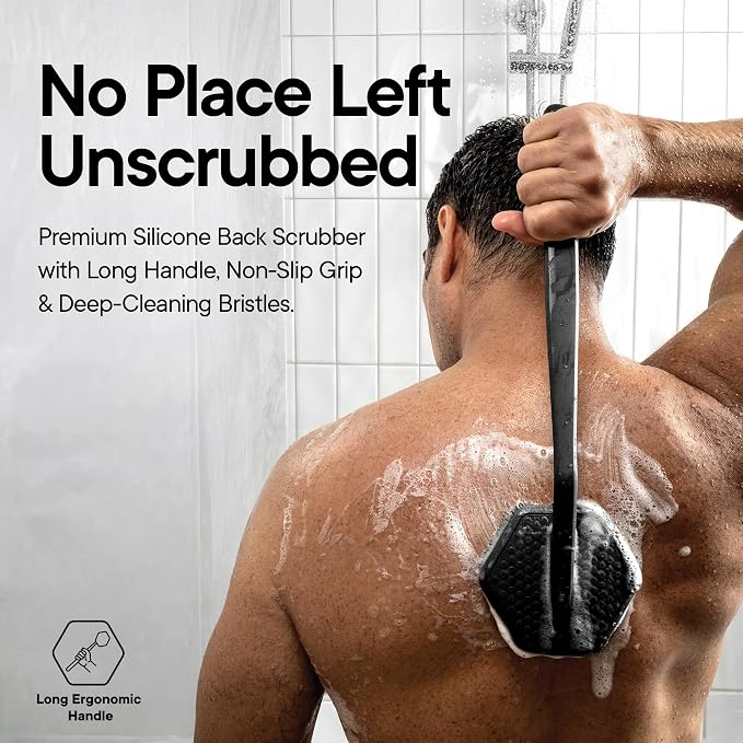 TOOLETRIES Silicone Back Scrubber for Shower, Bath Brush - Charcoal | Long ergonomic handle and non-slip grip make exfoliating hard-to-reach areas simple and comfortable.
