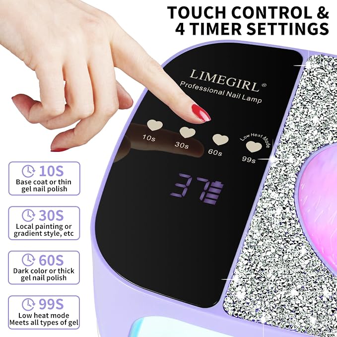LIMEGIRL UV LED Nail Lamp Kit for Gel Polish Professional Fast Curing Purple Dryer Light Set with 4 Timer Settings Cordless Rechargeable Nail Art Cure Machine for Manicure Pedicure at Home and Salon