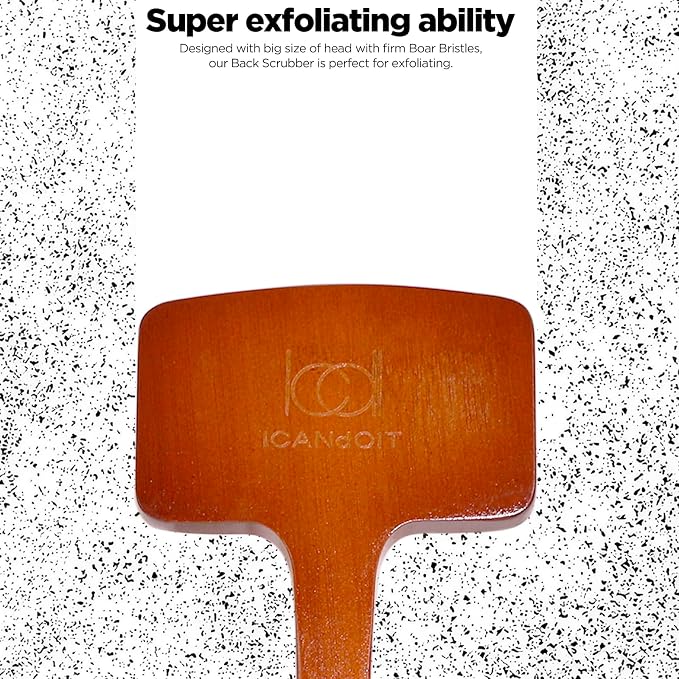 ICANdOIT Exfoliation Set-17.71 Inch Boar Bristles Back Scrubber Bath Brush,Shower Brush with No-Slip Curved Handle,Dual-Sided Face Exfoliation Glove