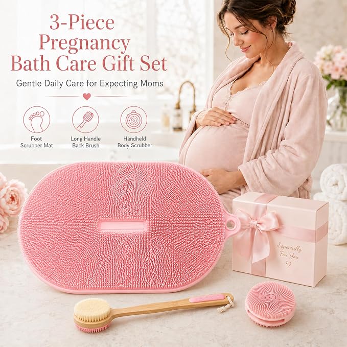 3 in 1 Silicone Maternity Bath Gift Set, Self Care Set for Pregnant Women: XXL Non-Slip Foot Scrubber Mat, Long Handle Back Scrubber, Dual-Sided Body Brush, Care Package for Expecting Moms, New Mom