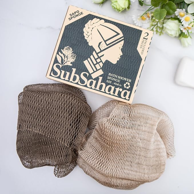 SubSahara Authentic African Net Sponge, 2 Pack 45-Inch Exfoliating Bath Sponge and Shower Loofah for Body and Back, Quick-Dry Durable Knotted Mesh Scrubber (Linen & Brown)