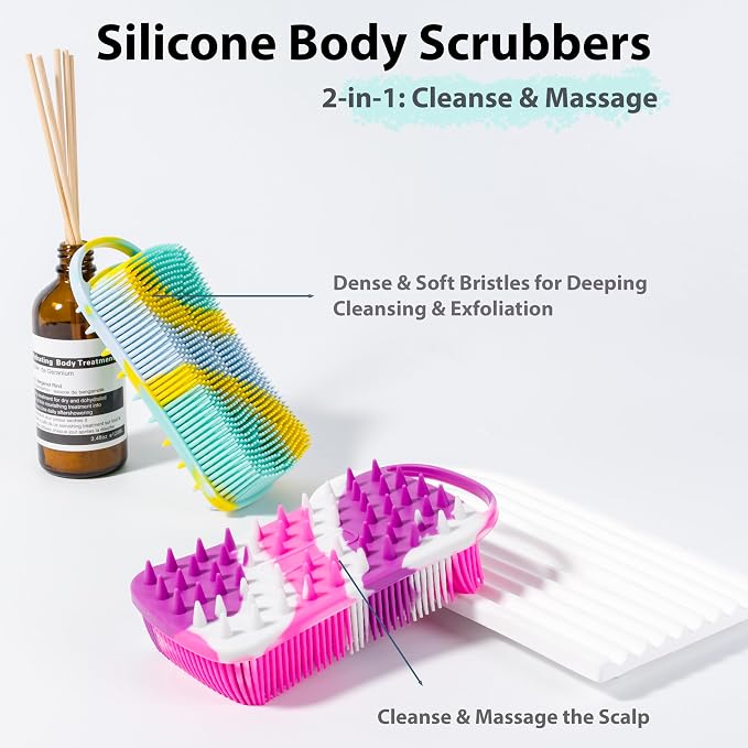 MtBoi 2 PC Silicone Body Scrubber, 2 in 1 Exfoliating Shower Bath Scrubber, Soft Silicone Loofah for Sensitive Skin, Shower Hair Scalp Massager, Easy to Clean, Lather Well (Purple & Yellow)