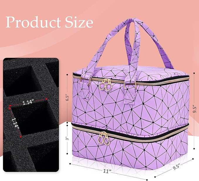 Uross Nail Polish Organizer Bag Holds 42 Bottles Nail Polish & Nail Lamp, Gel Nail Polish Organizers and Storage box for Nail Tech, Nail Kit Supplies Organizer Case - Purple