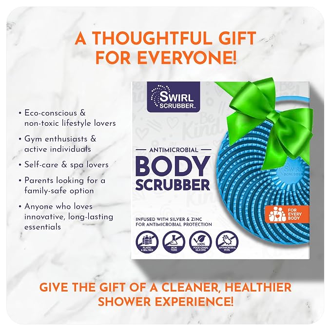 Antimicrobial Silicone Body Scrubber - Blue - Shower Hanger & Sticker, Lymphatic Support, Deep Exfoliation-Cleansing, Family Hygiene | Deep-cleansing exfoliating shower scrubber includes hanger and wall sticker for convenient family hygiene