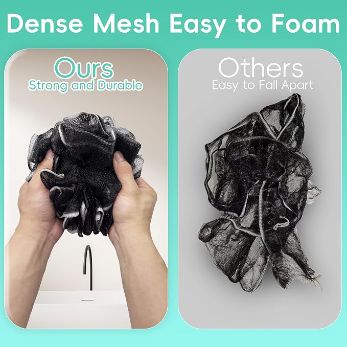 Shower Loofah 4PCS Soft Bath Body Sponge 60g Loofa Set Thick Wash Puffs for Women and Men (Black)