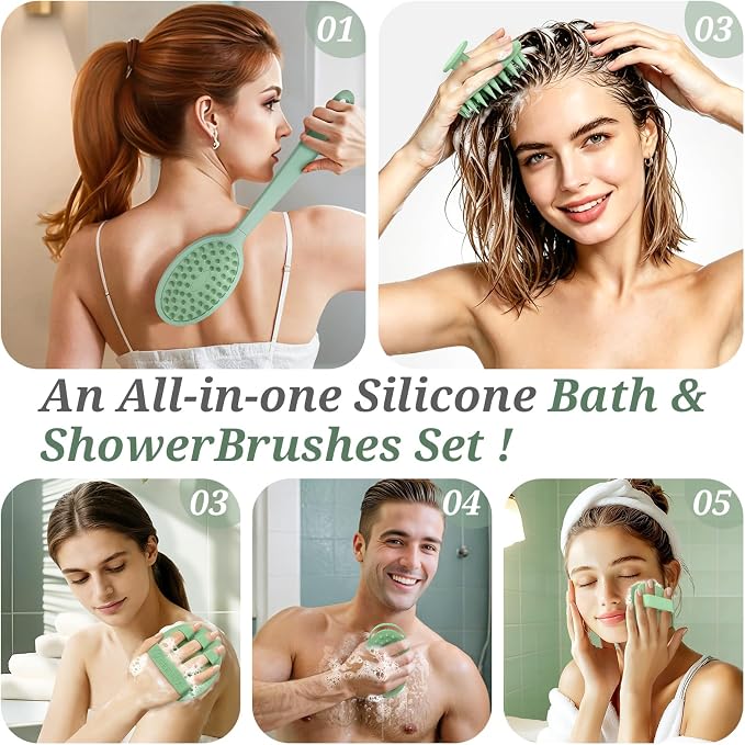 Silicone Back/Body/Face Scrubber & Scalp Massager Set 5PCS, 13.4'' Soft Back Scrubber, 360° Anti-Slip Bath Glove, Unique Side-bristled Face Scrubber, Shampoo Brush for All-round Cleaning(Green)