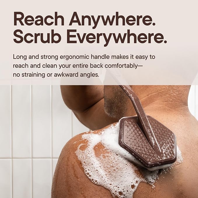 TOOLETRIES Silicone Back Scrubber for Shower, Bath Brush - Chocolate | Long ergonomic handle and non-slip grip make exfoliating hard-to-reach areas simple and comfortable.