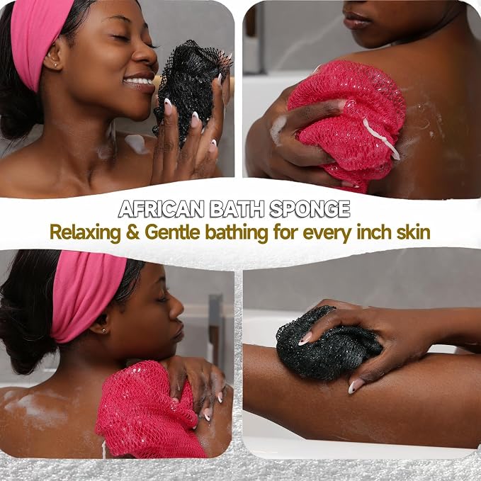 SubSahara Authentic African Net Sponge, 2 Pack 45-Inch Exfoliating Bath Sponge and Shower Loofah for Body and Back, Colorfast Quick-Dry Knotted Mesh Scrubber with Travel Pouch (Black & Pink)