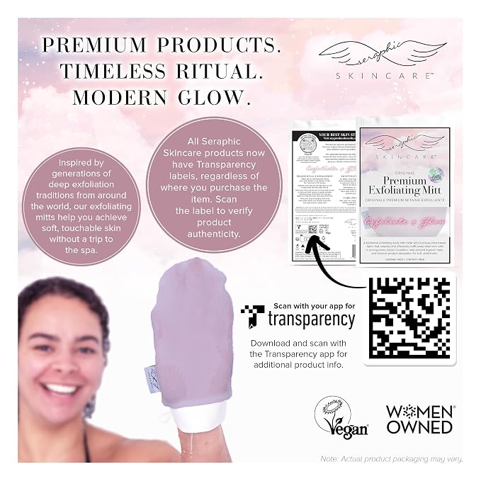 Seraphic Skincare (Lavender) Premium Exfoliating Mitt for Body (1pc) – 100% Vegan Viscose Traditional Body Scrub Glove Kessa Korean Washcloth – Body Exfoliator for Self-Tan Removal & Keratosis Pilaris