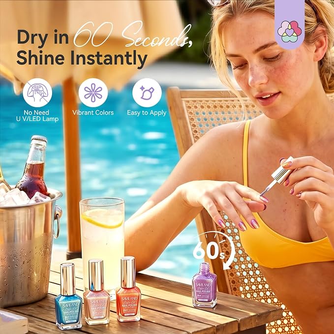 SAVILAND 18-Free Pearl Nail Polish Set, 6 Colors, Quick Dry 60s | Iridescent Blue Pink Orange Purple Glitter, Chip Resistant, Holographic Fingernail Toes Polish, For Women Home DIY 0.34 Fl.oz