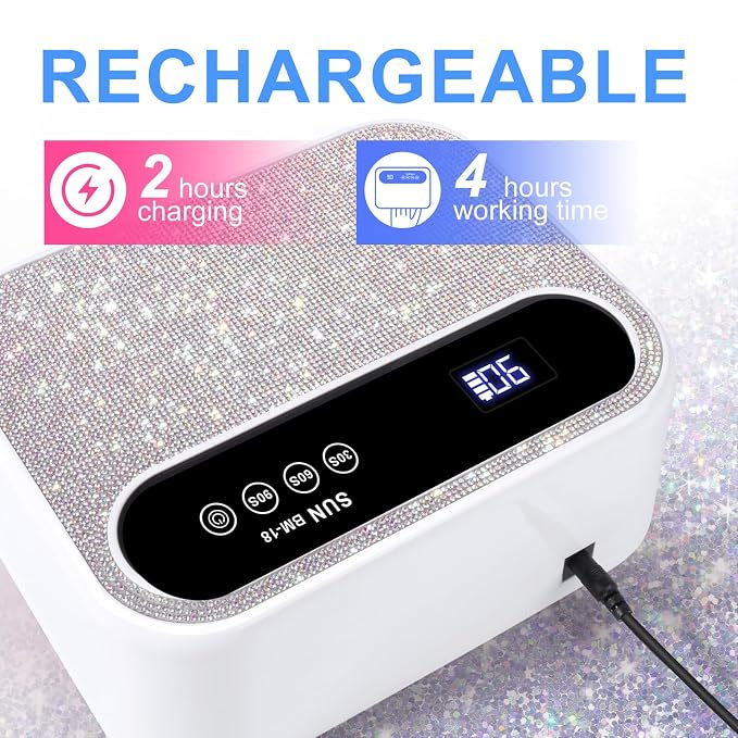 Led Nail Lamp, 126W Gel Nail Light Rechargeable Professional Lamp 42 Durable UV LED Beads Automatic Sensor Fast & Even Curing All Gel Polish Manicure at Home and in Salons(Sparkly White)