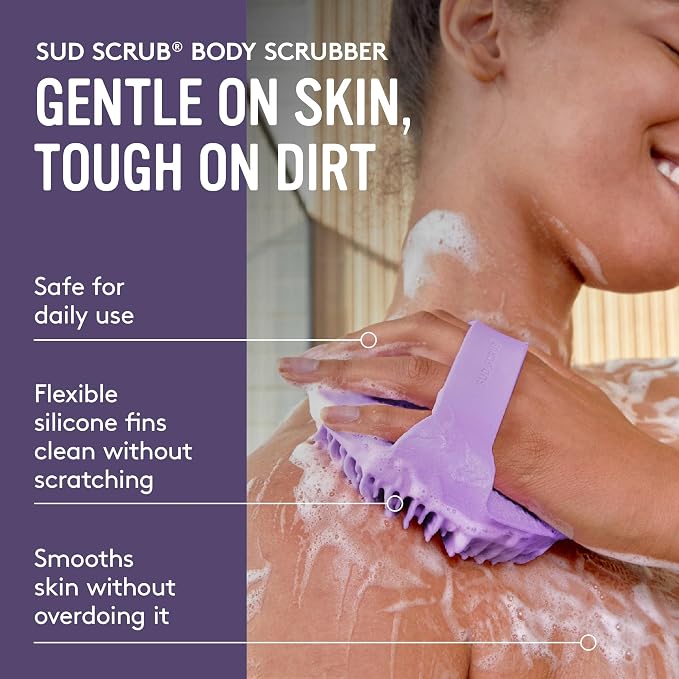 Sud Scrub® Antimicrobial Silicone Body Scrubber, Exfoliating Body Brush for Sensitive Skin, Antibacterial Shower Scrubber for Body, Bathroom Essentials for Men & Women, Purple