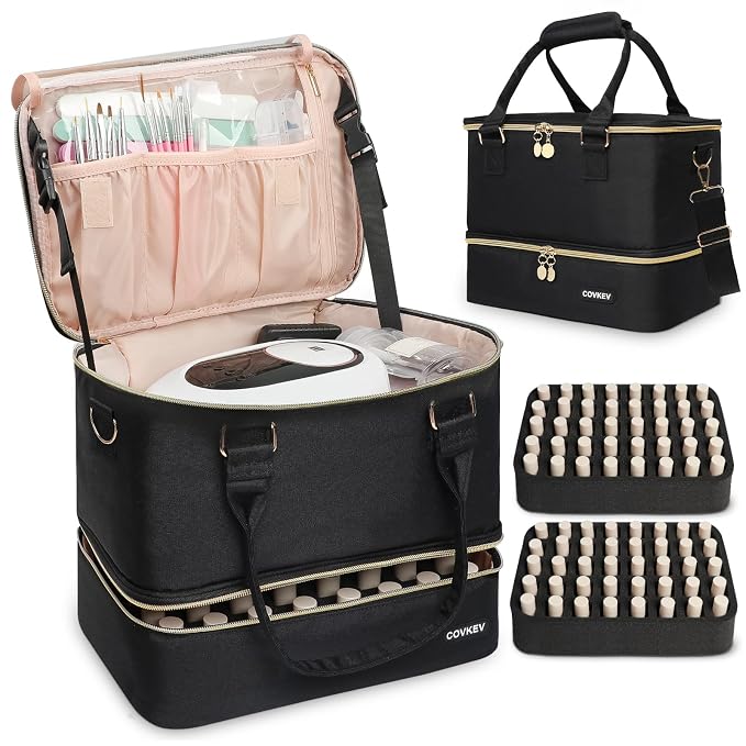 Covkev Nail Polish Organizer Hold 80 Bottles (15ml/0.5 fl.oz)& Nail Lamp, Double Layer Nail Bag Organizer Case with Handle, Large Nail Supplies& Kit Storage Case for Women Travel (Black& Golden)