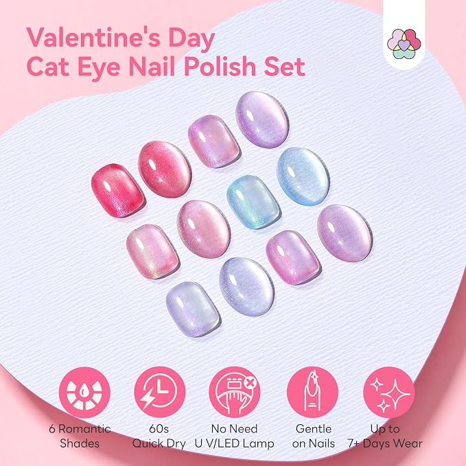 SAVILAND Valentine Nail Polish Set, 6 Romantic Pink Colors, 0.34 Fl.oz | Quick Dry, Cat Eye Shimmer, Magnetic Fingernail Polish with Magnet Stick, DIY Home Manicure Gift for Women Girls