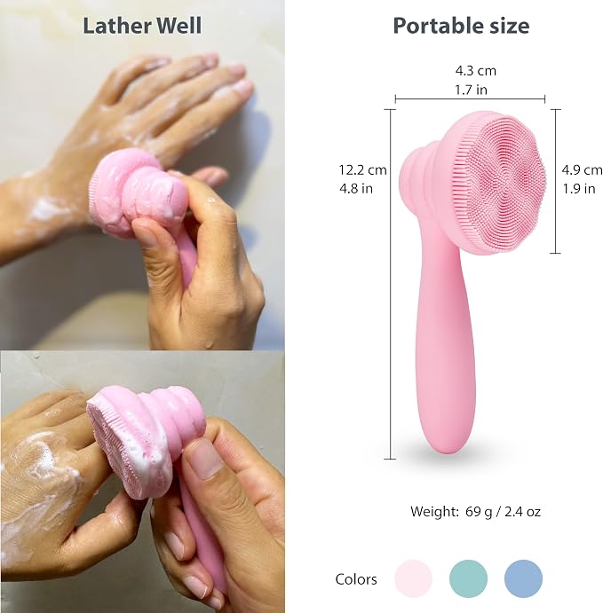 MtBoi 2 PC Silicone Facial Cleansing Brush Facial Scrubber Manual Exfoliating Facial Brush Face Cleanser Face Exfoliator Ultrafine Bristles for Sensitive Skin Easy to Clean Lather Well (Pink&Blue)