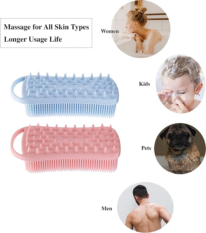 MtBoi 2 PC Silicone Body Scrubber, 2 in 1 Exfoliating Shower Bath Scrubber, Soft Silicone Loofah for Sensitive Skin, Shower Hair Scalp Massager, Easy to Clean, Lather Well (Pink&Blue)