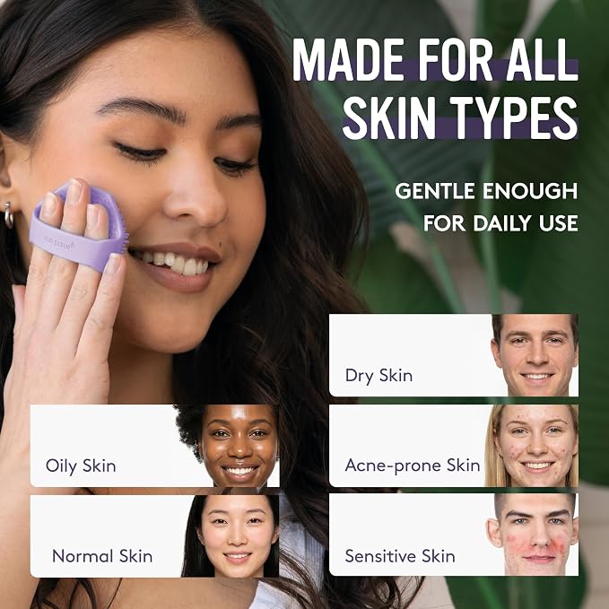 Sud Scrub® Antimicrobial Silicone Face Scrubber, 1 Pack, Gentle Face Exfoliator for Sensitive Skin, Eco Friendly Facial Cleansing Brush, Exfoliating Face Brush for Men and Women (Purple)