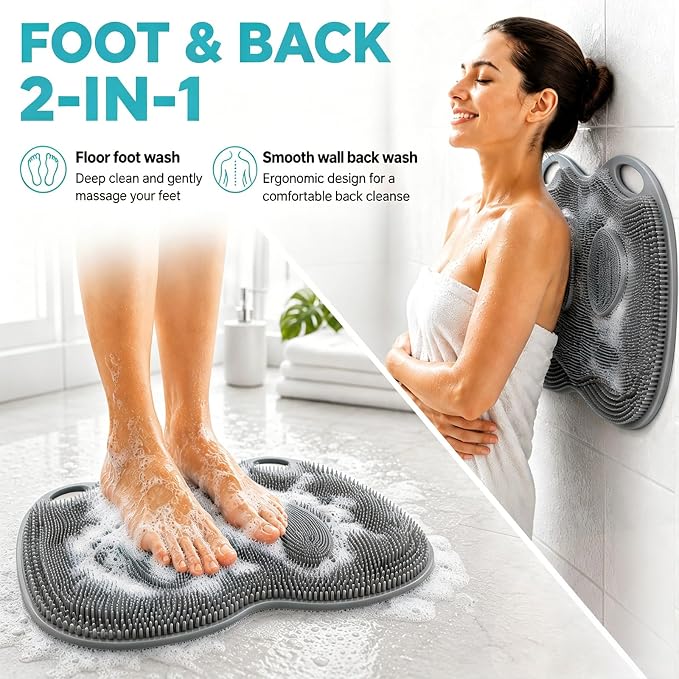 XL Silicone Shower Foot Scrubber Mat with Suction Cups, Foot Washer for Shower, Foot and Back Scrubber for Smooth Shower Wall or Floor, Grey, 17.32 x 12.99 in