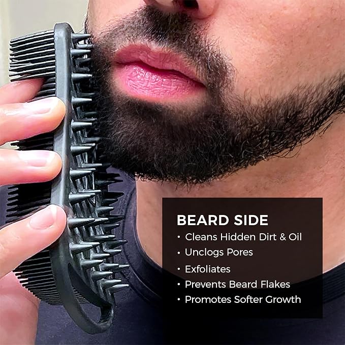 Blackwood For Men Double Duty Beard & Body Scrubber - Dual-Sided Men's Shower Tool - Handheld Body Wash Brush with Long Soft Silicone Bristles for Deep Cleaning - Short Exfoliating Tips for Beard Care