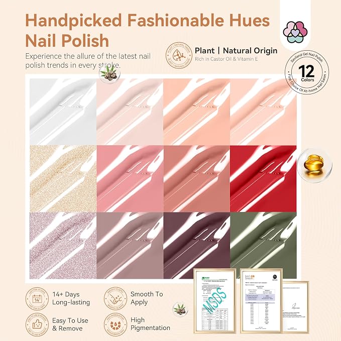SAVILAND Pink Nail Polish Set: Burgundy Dark Red White Pearl Quick Dry Nail Polish Regular Kit with Castor Oil Base and Top Coat Nail Lacquer Set DIY Art at Home Gift 12 Colors 14 Pcs