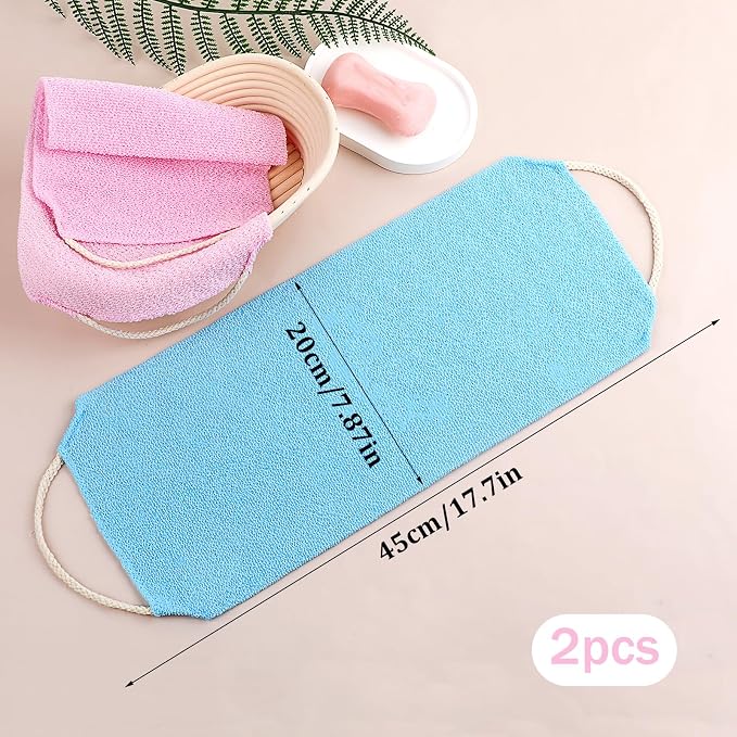Body Scrubber with Handles Exfoliating Washcloth Towel for Shower Bath 2Pcs Nylon Back Exfoliator Extended Length Back Washers Back Scrubber Towel Stretchable Pull Strap for Sensitive Rough Skin