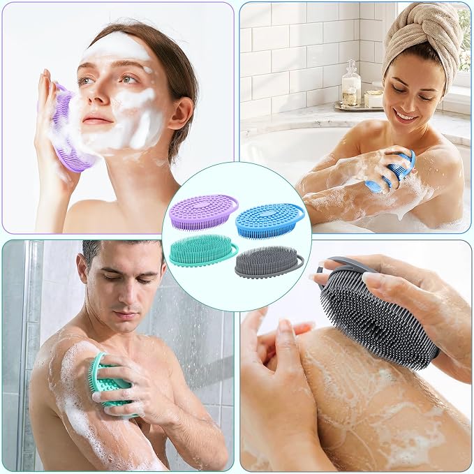 Silicone Body Scrubber 4 Pack, Double-Sided Silicone Loofah Shower Body Scrubber for Men & Women, Soft Exfoliating Silicone Bath Scrubber with Hanging Handle, Quick Foaming Body Wash Scrubber 4 colors