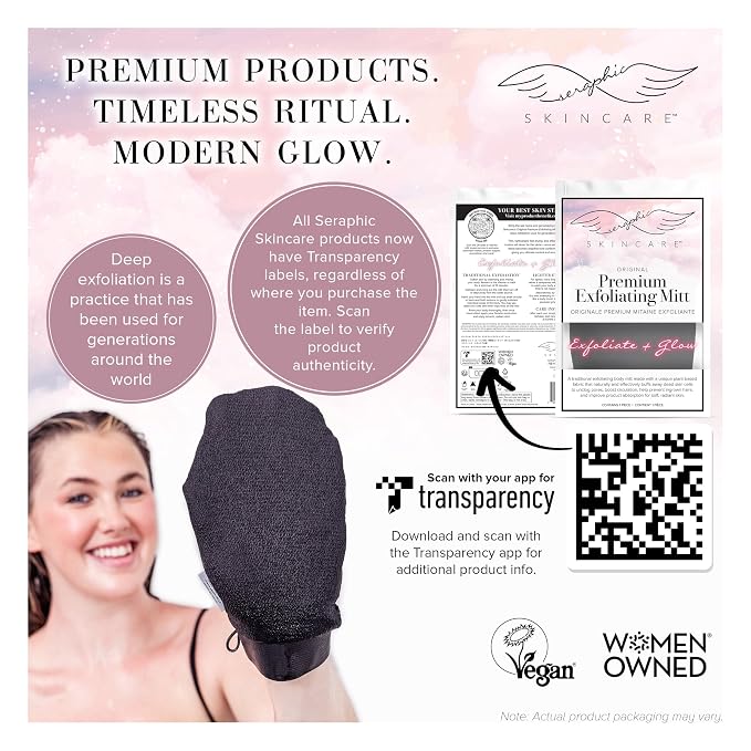Seraphic Skincare Original Premium Exfoliating Mitt for Body (1pc) – 100% Vegan Viscose Traditional Body Scrub Glove Kessa Korean Washcloth – Body Exfoliator for Self-Tan Removal & Keratosis Pilaris