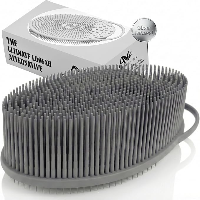 Avilana Silicone Body Scrubber for Shower – SGS Certified Food Grade Dual Sided Bath Brush, Gentle Exfoliating Silicone Loofah Alternative, Sensitive Skin Body Brush (Gray-Silver, Exfoliate)