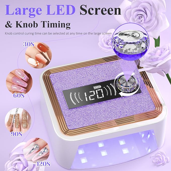 388W Rechargeable UV Light for Gel Nails, Cordless Nail Lamp with 50000mAH Long Battery Life, Unique Knob, Rhinestones Decor & LCD Display, Professional Nail Dryer for Home & Salon