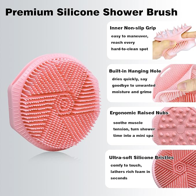 Silicone Body Scrubber for Men Women, Dual-Sided Bath Brushes Gentle Exfoliating Body Scrubber Scalp Massager for Deep Cleansing, Soft Silicone Loofah Body Washing Brushes (Black+Pink)