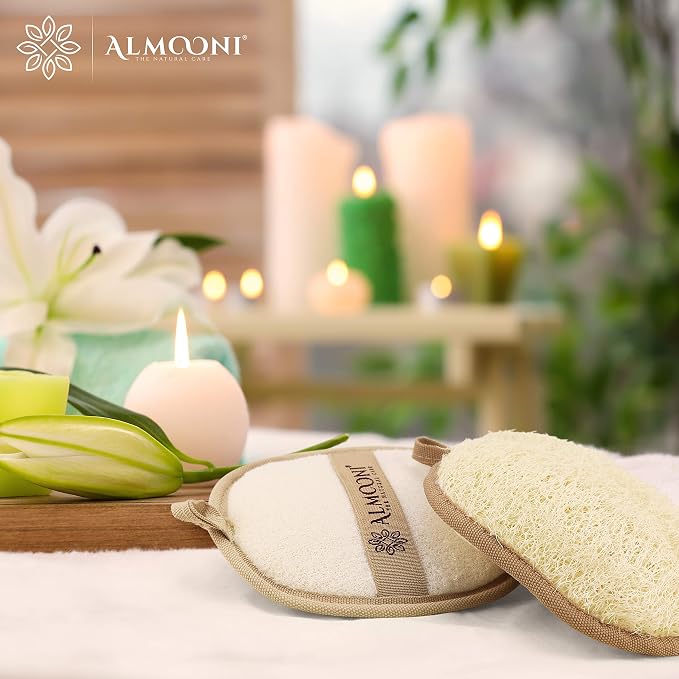 Almooni Natural Loofah Exfoliating Body Scrubber, Shower Sponge 2 Count | Natural Egyptian Loofah, Exfoliating Sponge for Face and Body, Bath Shower Loofah Sponge for Women and Men, 2 count pack