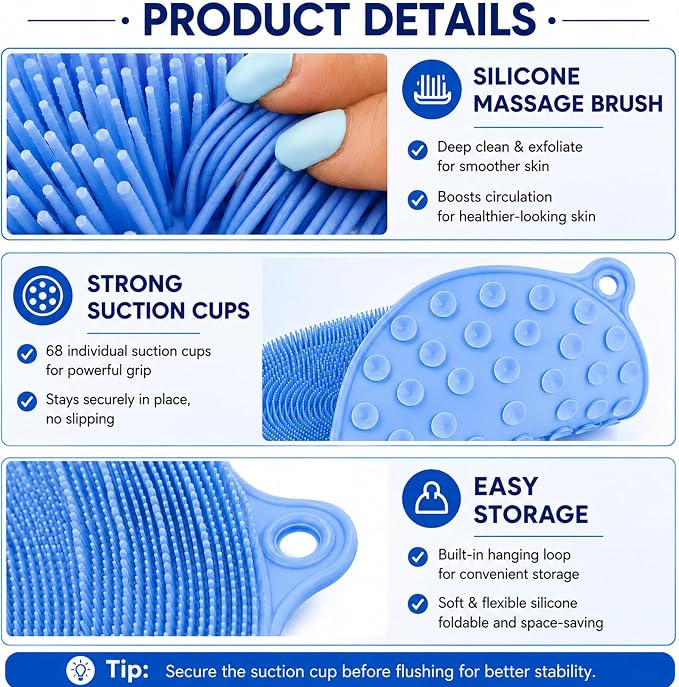 21.3" Silicone Foot & Back Scrubber Mat, Non-Slip Suction Cups Blue | Strong Suction Cups, Large, Silicone, Easy-Clean,Hangable,Perfect for pregnant women, seniors, anyone with limited mobility