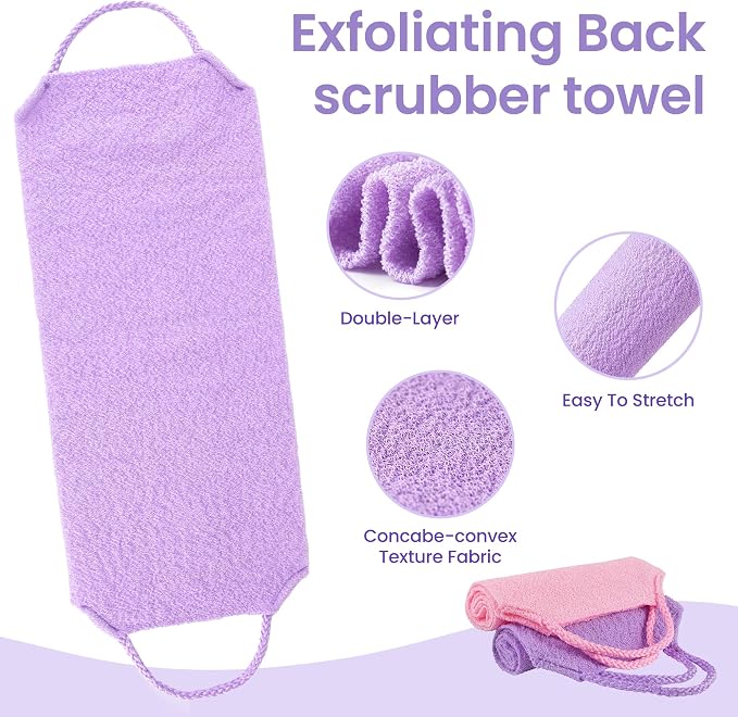 Silkyhose 3Pcs Dual-Sided Exfoliating Stretch Back Scrubber with Handles | Reusable Shower Essential. Deep Skin Cleansing. Textured Design. Soft, Gentle & Durable. 3 Colors: Beige, Pink, Purple.