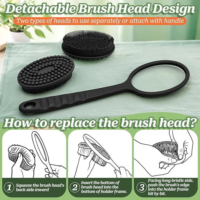 Silicone Back Washer for Shower, Gentle Exfoliating Body & Back Scrubber with Handle, Silicone Loofah with Two Dual-Side & Replaceable Brush Heads(Green-Two Heads)