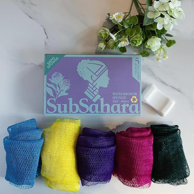 SubSahara Authentic African Net Sponge, 5 Pack 45-Inch Exfoliating Bath Sponge and Shower Loofah for Body and Back, Colorfast Quick-Dry Knotted Mesh Scrubber with Travel Pouch