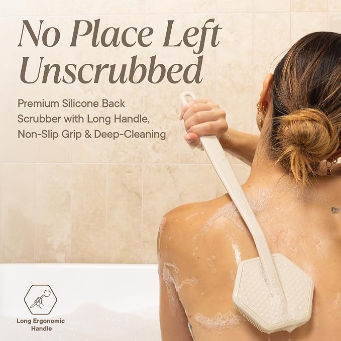 TOOLETRIES Silicone Back Scrubber for Shower, Bath Brush - Sand | Long ergonomic handle and non-slip grip make exfoliating hard-to-reach areas simple and comfortable.
