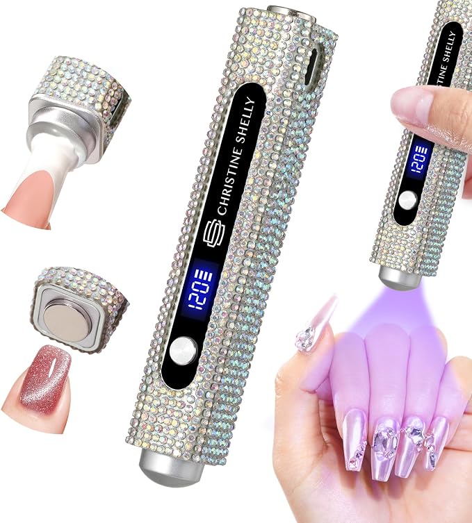 UV Nail Lamp, 3 in 1 Handheld UV Light for Gel Nails, Flash Cure Nail Lamp | Cat Eye Magnet | Cordless | 3W | Type-C | 400mAh | Full Rhinestone Covered | Mini Size | Easy to Carry | AB Diamond