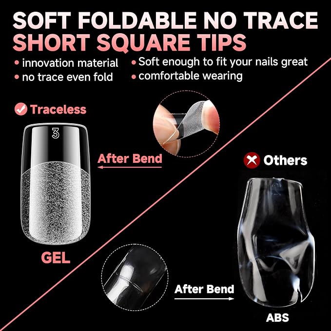 UNA GELLA 600Pcs Short Square Gel Nail Tips, Short Nail Tips Square | Pre Etched Soft Gel Press on Nails Full Cover No C Curve For Women Girl DIY French & Chrome Style Salon At Home 12 Sizes