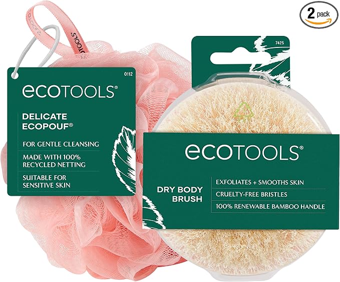 EcoTools Dry Body Brush for Circulation, Dead Skin Removal + Pink Delicate EcoPouf Made with Recycled Netting for Cleansing & Exfoliating Sensitive Skin, Self-Care Gifts