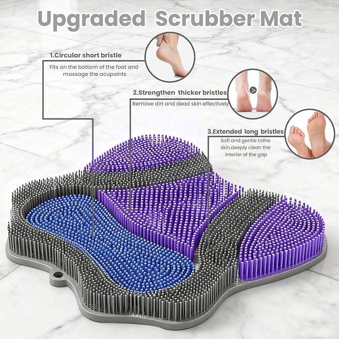 Shower Foot Scrubber Mat with Wall Mount Suction Cups, Foot and Back Scrubber for Use in Shower for Improve Skin Exfoliation (Grey)