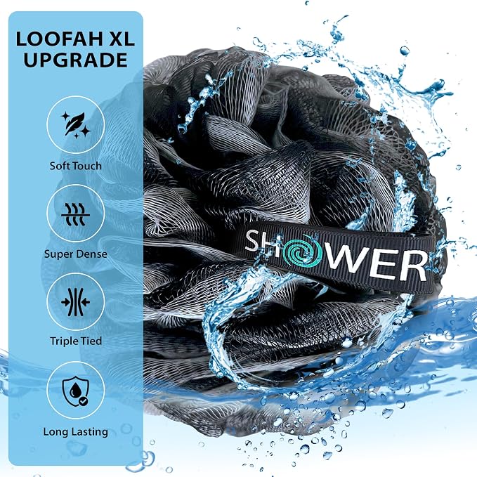 SHOWER BOUQUET Loofah-Charcoal Bath-Sponge-4-Pack Extra-Large 75g Soft Mesh | Black Luffa Loufa Loofa Puff Set / Exfoliating Body Scrubber Lufas for Women and Men – Face & Body Shower Loofah Sponge