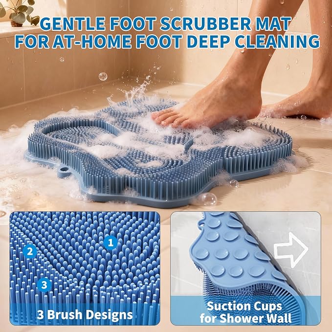 Show Foot Scrubber Mat & Silicone Back Scrubber with Butterfly Form Design,3 Brush Designs for Deep Cleaning Shower Foot Scrubber Mat, Wall Mounted Back Scrubber Silicone Bath(Blue)