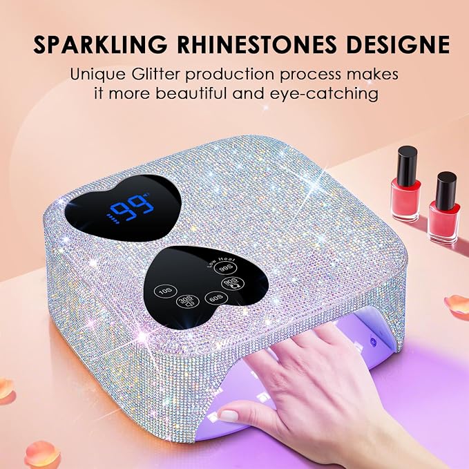 UV LED Nail Lamp Cordless, HUITINE 80W Rechargeable UV Light for Gel Nails | Professional Gel Light Dryer with 5 Timers & Mirror Base, Sparkling Rhinestones Diamond Curing Lamp for Salon & Home