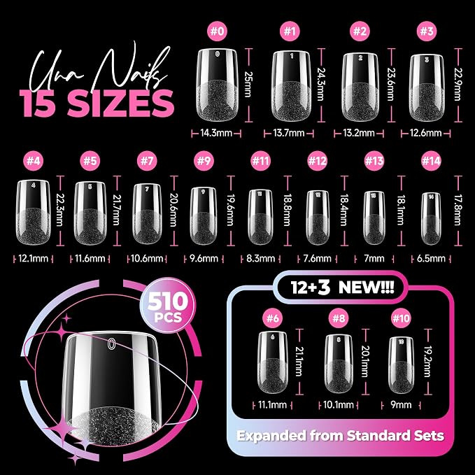 UNA GELLA Square Nail Tips 510Pcs 15 Sizes - No File Needed Pre-Buffed Medium Square Soft Gel Fake Nail Tips Clear Full Cover False Nails Soak Off Acrylic Nail Extensions for DIY Nail Art Salon