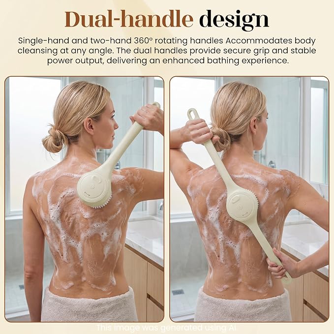 Electric Back Scrubber, Automatic Rotating Exfoliating Massage Bath Brush, Rechargeable, 2 Speed Settings for Cleansing, Exfoliating, and Massaging Skin. (Khaki)
