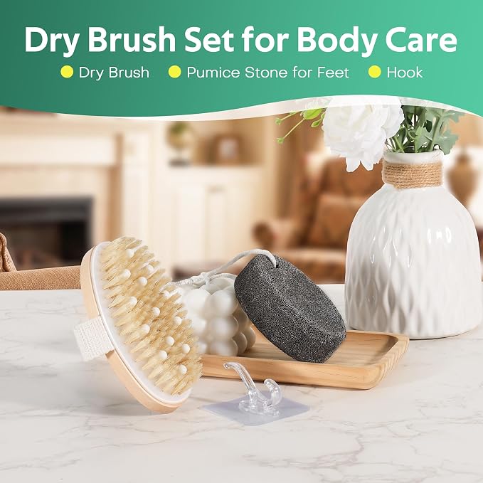 Oval Dry Brush Set: Dry Brush for Lymphatic-Drainage Brushing & Scrubber, Pumice Stone for Feet with Double-Side Hook, Bath Shower Exfoliating Kit Women