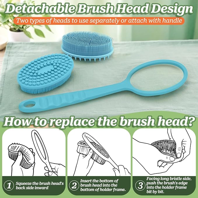 Silicone Back Scrubber for Shower, Gentle Exfoliating Body Scrubber & Back Washer with Handle, Silicone Loofah with Two Dual-Side & Replaceable Brush Heads(Blue-Two Heads)