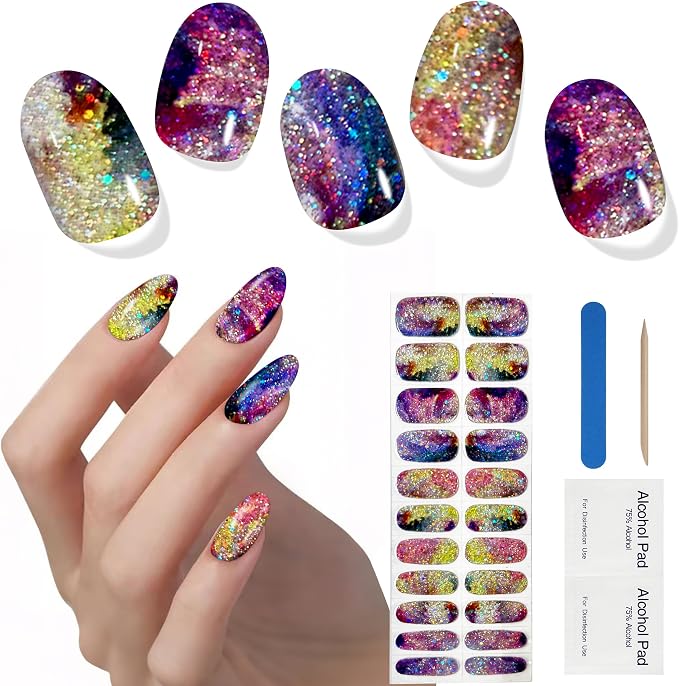 Semi Cured Gel Nail Strips, 22pcs UV Nails Polish Art Sticker, Nail Wraps with UV Light Required for Home Manicure DIY, Long Lasting, Easy Application & Removal, Salon Quality (Dreamy Galaxy 036)