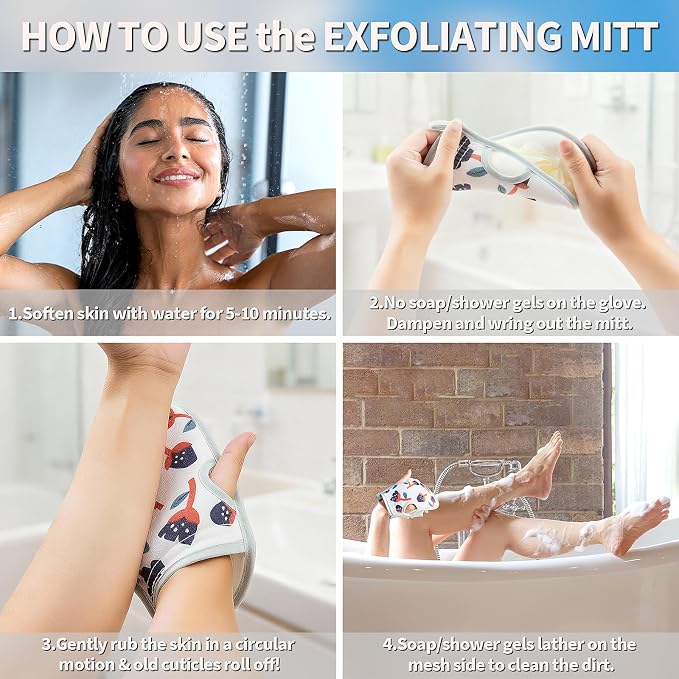 Deep Exfoliating Mitt 2PCS: Double-Sided Glove for Shower, with Long Exfoliating Shower Towel - Extreme Body & Back Scrubber Exfoliator, Body Massage Scrub & Bath Shower Loofah Washcloth (Blue)