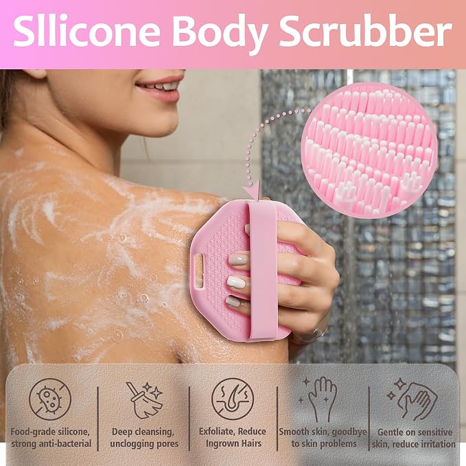 3 Soft Silicone Skin Scrubbers - Body Scrubber Exfoliating Brush Bath Shower Tool, with Gentle Manual Face Cleansing Wash Scrubber, with Hair Scalp Massager Shampoo Brush (Pink)